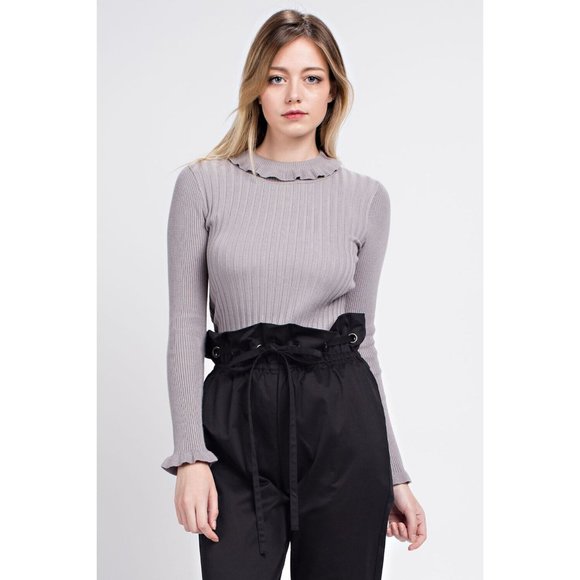 Women's Casual Ruffled Ribbed Turtle Neck Long Sleeve Sweater - Picture 2 of 10